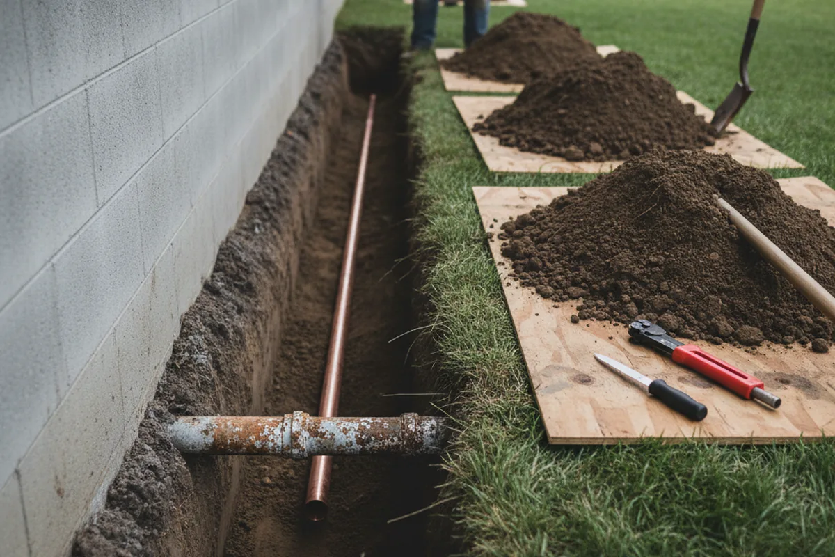 Excavated water line trench during Sewer Line Repair in Freeburn
